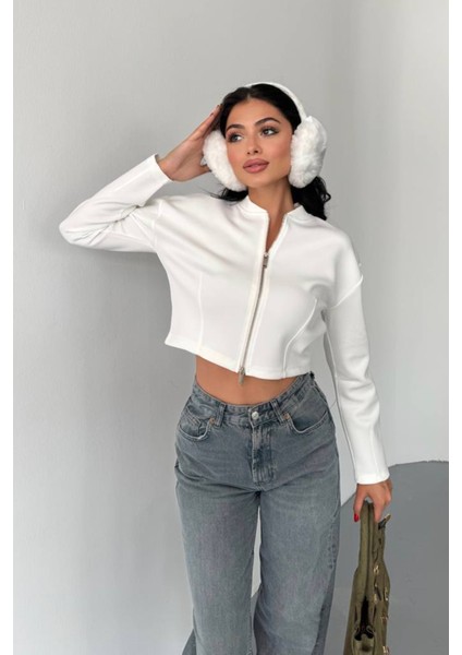 Kadın Çift Fermuarlı Uzun Kollu Sweatshirt Beyaz - 2550 indirimleri