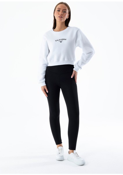 Kadın Bisiklet Yaka California Baskılı Crop Sweatshirt Beyaz - 264421