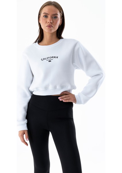 Kadın Bisiklet Yaka California Baskılı Crop Sweatshirt Beyaz - 264421 modelleri