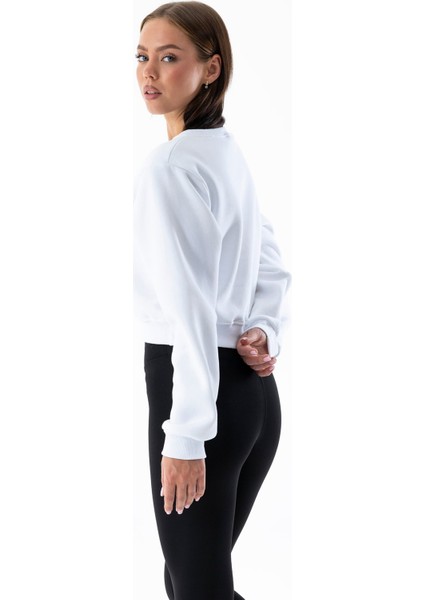 Kadın Bisiklet Yaka California Baskılı Crop Sweatshirt Beyaz - 264421