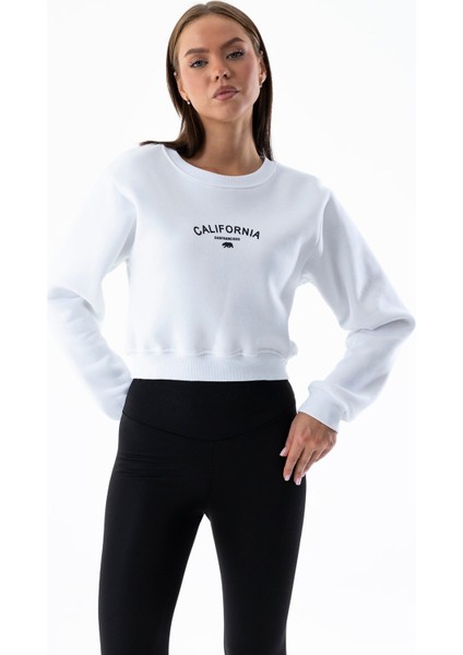 Kadın Bisiklet Yaka California Baskılı Crop Sweatshirt Beyaz - 264421