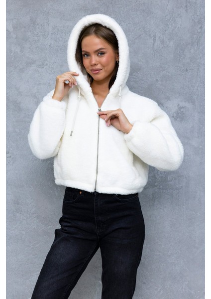Kadın Kapüşonlu Fermuarlı Çift Cepli Kısa Peluş Mont Beyaz - 5214 fiyatları
