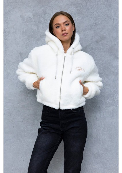 Kadın Kapüşonlu Fermuarlı Çift Cepli Kısa Peluş Mont Beyaz - 5214 fırsatları