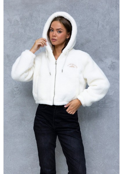 Kadın Kapüşonlu Fermuarlı Çift Cepli Kısa Peluş Mont Beyaz - 5214 indirimleri