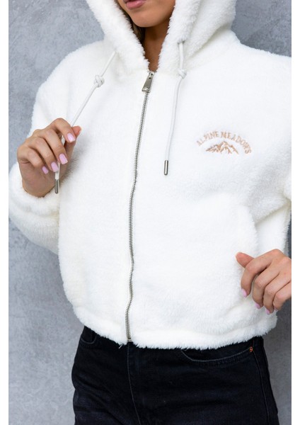 Kadın Kapüşonlu Fermuarlı Çift Cepli Kısa Peluş Mont Beyaz - 5214