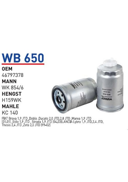 WB650 Oem 46797378 Fiat Brava 1.9 Jtd Otomobil Yakıt Filtre Dizel Fuel Filter Diesel