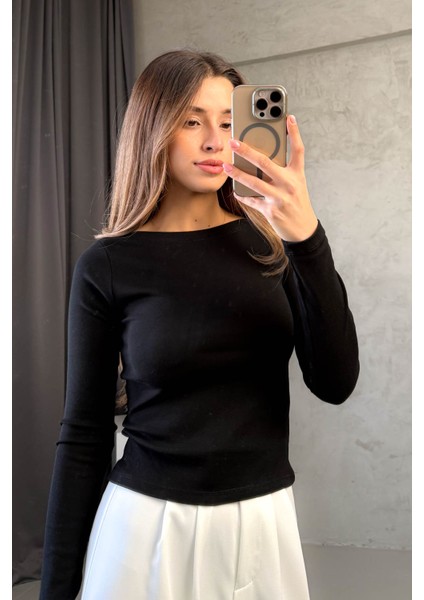 Kadın Kayık Yaka Uzun Kol Tshirt