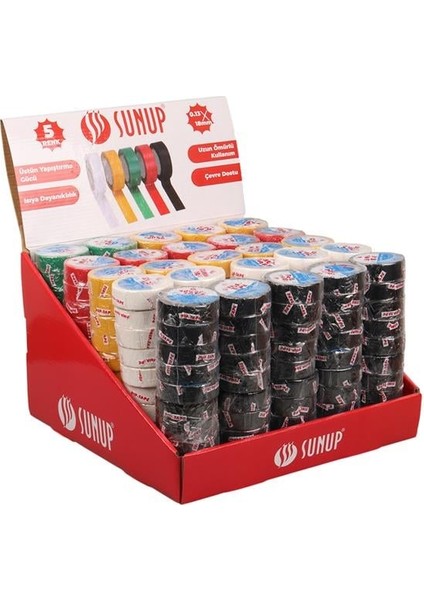 Sunup SN-27919 0.13X18MM 5 Renk Izole Elektrikçi Bant 10 Metre 50X5'LI Paket (Kırmızı- Sarı - Siyah - Yeşil - Beyaz)