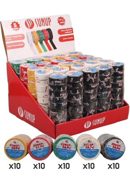 Sunup SN-27919 0.13X18MM 5 Renk Izole Elektrikçi Bant 10 Metre 50X5'LI Paket (Kırmızı- Sarı - Siyah - Yeşil - Beyaz) fiyatları