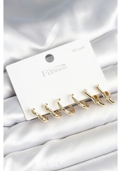 Pirinç Gold Renk Kalp Yıldız ve Halka Model 925 Ayar Gümüş Çivili Kadın Küpe Seti