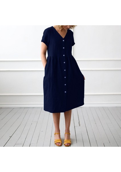 Keten Günlük Yazlık V yaka Kısa Kol Düğme Detaylı Kadın Elbise fırsatları