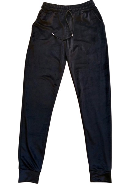 Parlak Kadife Cepli Pantolon Eşofman Pijama Altı Unisex Lastikli Paça Siyah