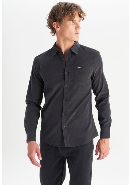 %100 Pamuk Regular Fit Normal Kesim Klasik Yaka Cepli Kadife Gömlek