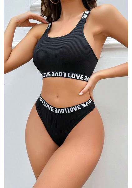 Kadın Siyah Çapraz Sırt ve Love Lastik Detaylı Sütyen Külot Takım modelleri