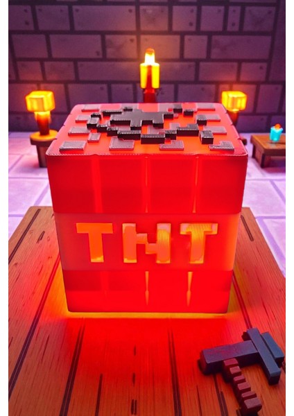 Minepixel Tnt Pilli Mum Işıklı (Tealight) Dekoratif Gamer Masa Lambası Süs