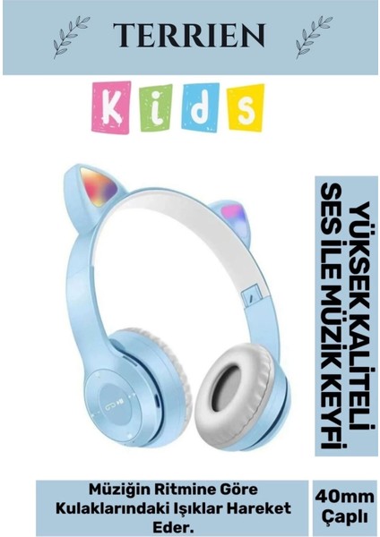 Çocuk Kedi Kulaklı Işıklı Mikrofonlu Uyumlu Kablosuz Bluetooth Kedili Kulaklık