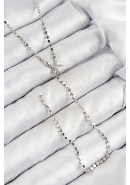 Bfs Pirinç Zirkon Taşlı Ezme Zincirli Deniz Yıldızı Model Gümüş Renk Y Kolye