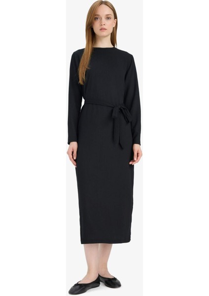 Regular Fit Bisiklet Yaka Bağlamalı Uzun Kollu Maxi Elbise D9063AX25SP fiyatları