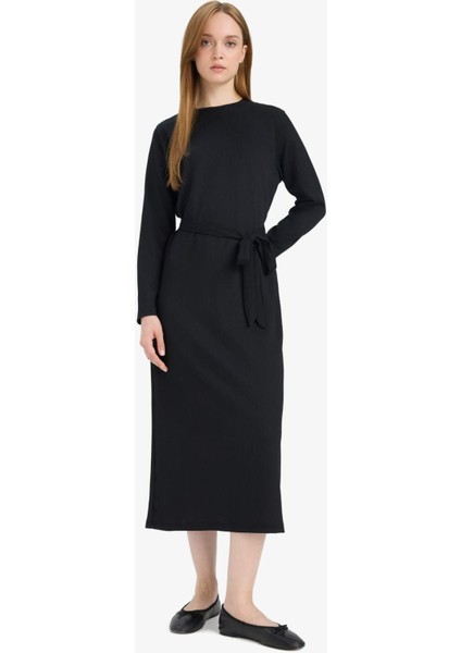 Regular Fit Bisiklet Yaka Bağlamalı Uzun Kollu Maxi Elbise D9063AX25SP modelleri