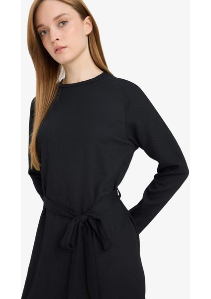 Regular Fit Bisiklet Yaka Bağlamalı Uzun Kollu Maxi Elbise D9063AX25SP indirimleri