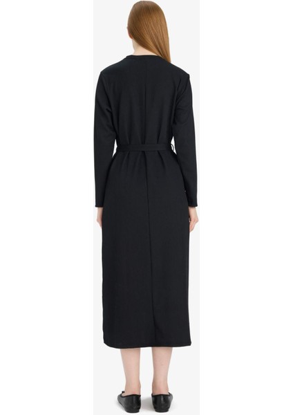 Regular Fit Bisiklet Yaka Bağlamalı Uzun Kollu Maxi Elbise D9063AX25SP