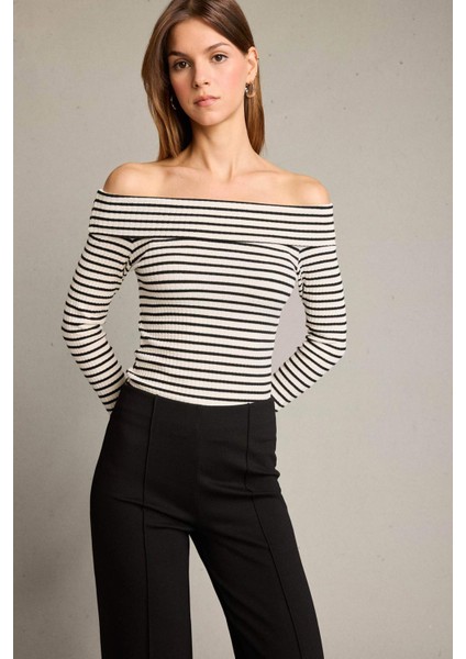 Omzu Açık Çizgili Uzun Kollu Bluz G5052AX25WN