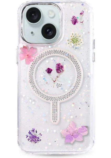CPT16 iPhone 15 Flower Magsafe Kapak - Mor