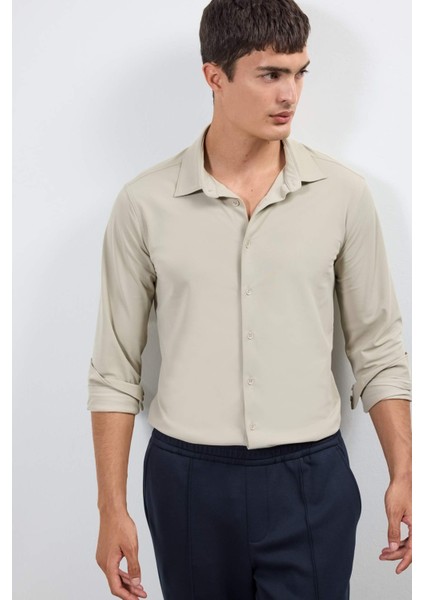 Slim Fit Dar Kesim Polo Yaka Pike Uzun Kollu Gömlek F0337AX25AU