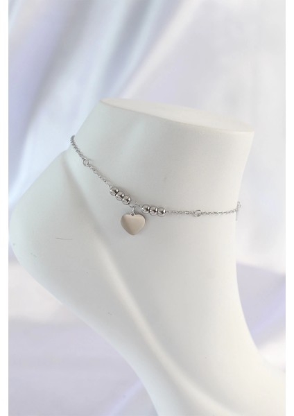 Bfs 316L Çelik Gümüş Renk Zirkon Taş Detay Kalpli Halhal