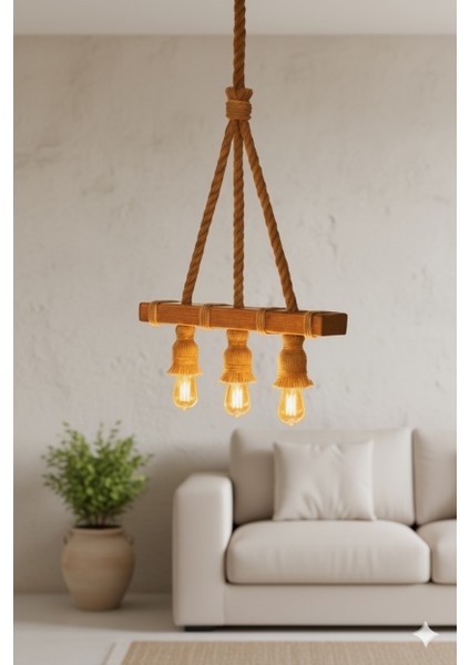 Ahşap & Halat Rustik Avize – Vintage Tarzı Dekoratif Sarkıt Lamba