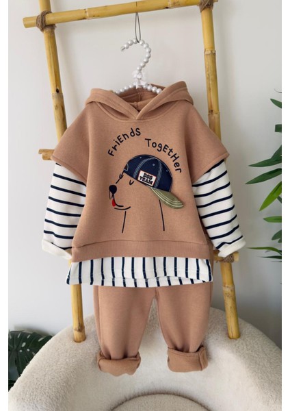 Şapkalı Köpek Detaylı Çizgili Kışlık Erkek bebe takım - Kahve