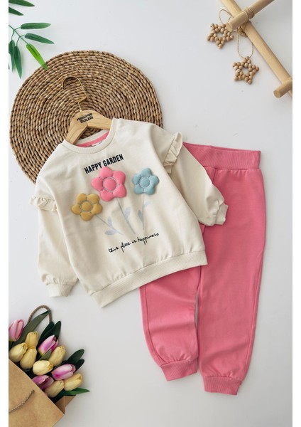 Mimiğimin Cicileri Renkli Papatya Desenli Kız Çocuk Pamuklu penye Takım - Pembe