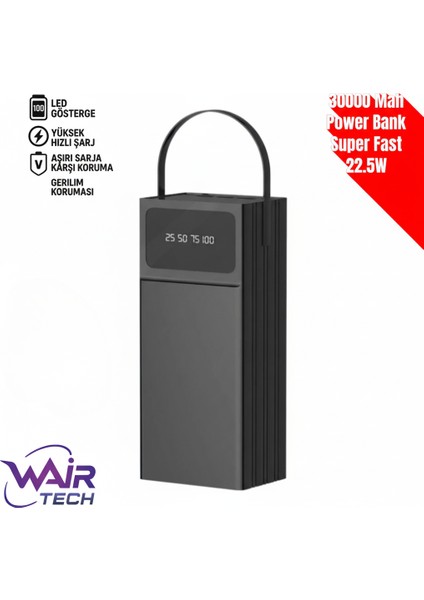30000 Mah 22.5 Watt Turbo Hızlı Powerbank Taşınabilir Şarj Cihazı Power Bank (Iphone Android Uyumlu)