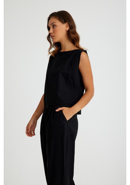 Keten Günlük Rahat Kolsuz Alt Üst Kadın Takım