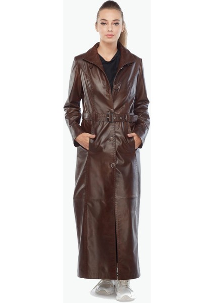 Hakiki Deri Kadın Pardesü Kahve