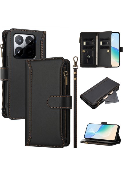 Xiaomi 15T Deri Kılıf 9 Kart Yuvası Fermuarlı Cüzdan Standlı Telefon Kılıfı ve Bilek Kayışı (Yurt Dışından)