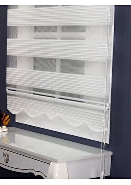 Geniş Pliseli Etek Dilimli Ekru Beyaz Zebra Stor Güneşlik Perde