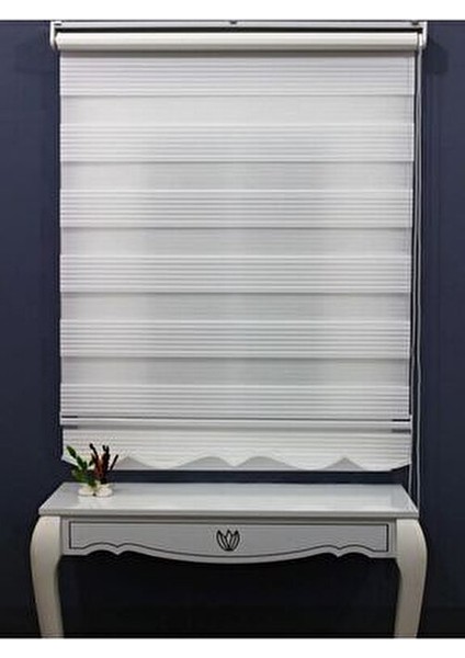 Geniş Pliseli Etek Dilimli Ekru Beyaz Zebra Stor Güneşlik Perde