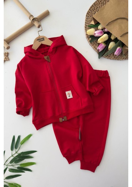 Basic Kapüşonlu Kız Çocuk Çiçek Detaylı 2 Li mevsimlik takım - Kırmızı