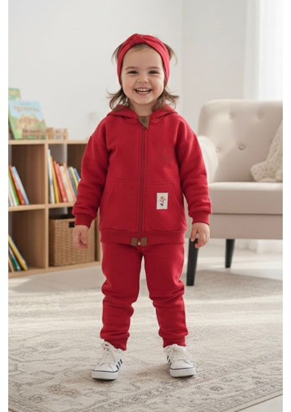 Basic Kapüşonlu Kız Çocuk Çiçek Detaylı 2 Li mevsimlik takım - Kırmızı fiyatları