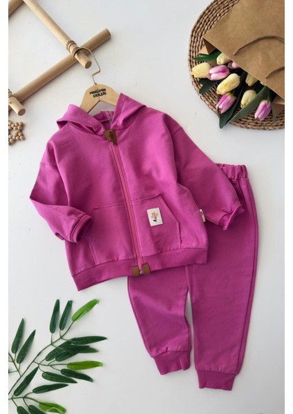 Basic Kapüşonlu Kız Çocuk Çiçek Detaylı 2 Li mevsimlik takım - Mor