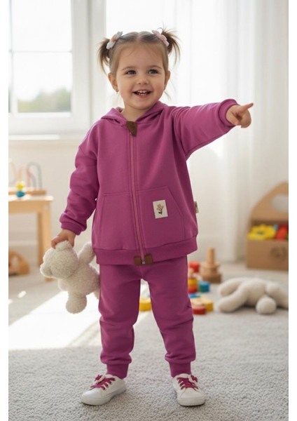 Basic Kapüşonlu Kız Çocuk Çiçek Detaylı 2 Li mevsimlik takım - Mor fiyatları