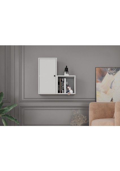 Kitaplikli Dolapli Duvar Rafi Beyaz 70 cm DVR-1048-Ç