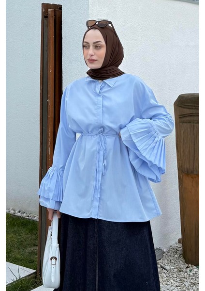 Piliseli Uzun Gömlek Mavi