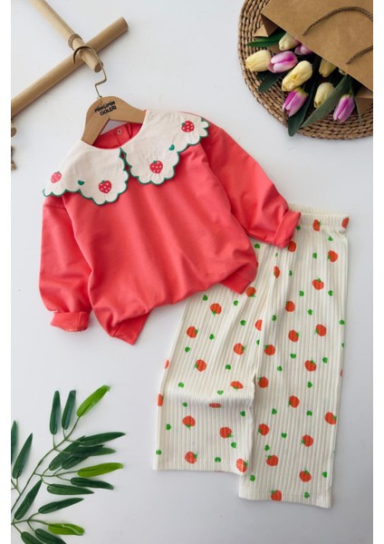Çilek Desenli Kız Çocuk Mevsimlik takım - Nar Çiçeği