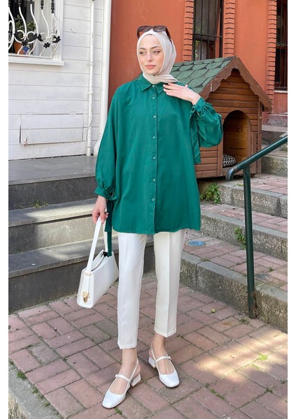 Kol Detaylı Gömlek oversize Gömlek Zümrüt Yeşili