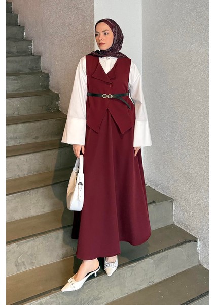 Düğmeli Etek-Yelek Tesettür Ikili Takım Bordo