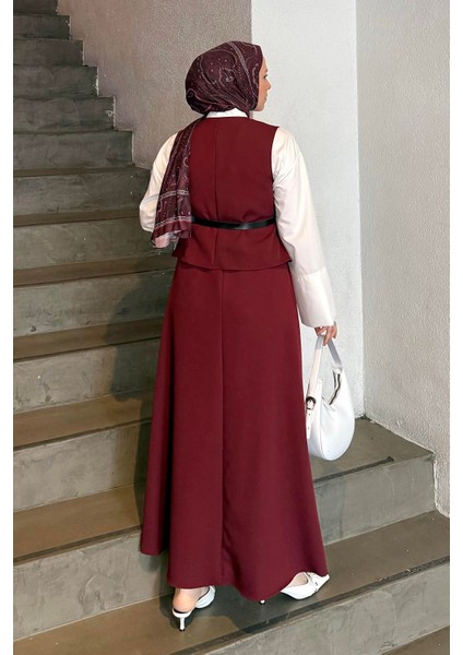 Düğmeli Etek-Yelek Tesettür Ikili Takım Bordo modelleri