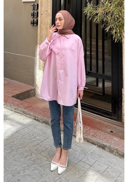 Kol Detaylı Gömlek oversize Gömlek Pembe
