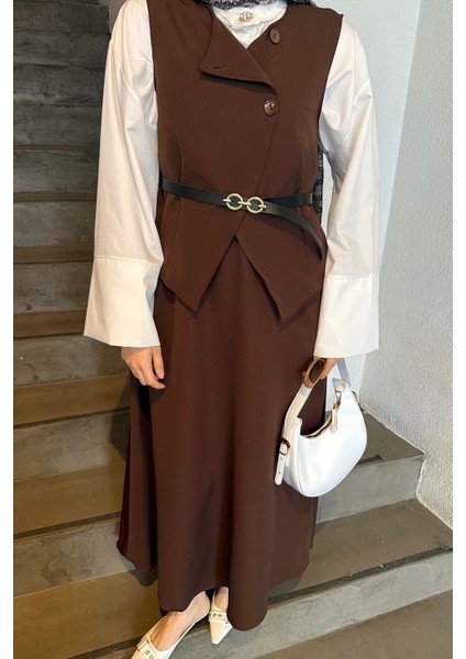 Düğmeli Etek-Yelek Tesettür Ikili Takım Acı Kahverengi modelleri